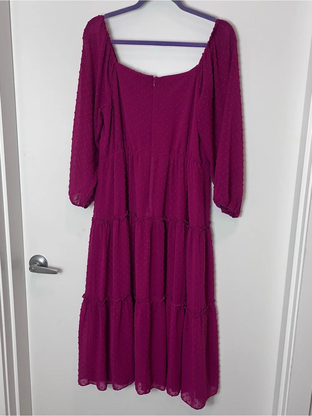 J. Crew Tiered Swiss Dot Midi Dress Berry Pink Ruffle Elegant Puff‎ Sleeve 12